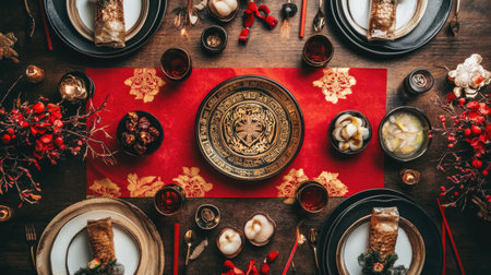 A beautifully arranged table setting featuring a rich red and gold theme, perfect for a festive celebration, highlights elegant dishes, decor, and a warm atmosphere.の素材