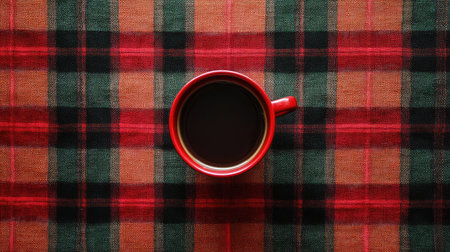 A vibrant red coffee mug sits atop a warm plaid fabric background, perfect for evoking cozy feelings and a comforting atmosphere. Ideal for seasonal themes.の素材