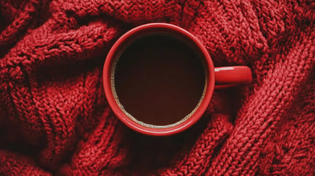 A cozy red mug filled with coffee rests on a vibrant red knitted blanket. This inviting scene captures warmth and comfort, perfect for winter relaxation.の素材