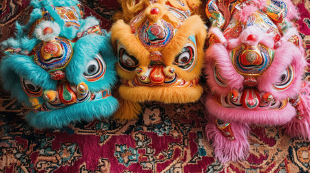 Three vibrant lion dance costumes in blue, orange, and pink on a richly patterned carpet showcase the beauty of traditional Asian celebrations and cultural heritage.の素材