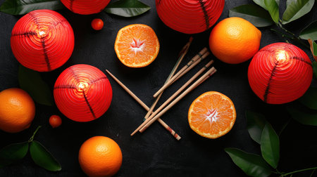 A captivating arrangement featuring red lanterns, fresh oranges, and green leaves, creating a festive atmosphere perfect for celebrations and gatherings.の素材