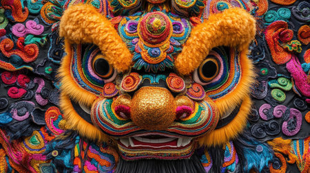A stunning closeup of a colorful lion dance mask showcasing vibrant textures and patterns. This artwork highlights traditional festival culture and craftsmanship.の素材
