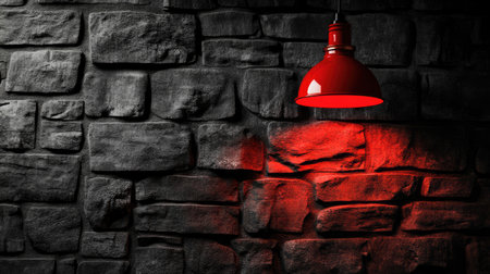 A striking red pendant light hangs against a textured dark stone wall, creating a dramatic atmosphere. The interplay of light and shadow enhances the rustic charm and modern aesthetic of the space.の素材