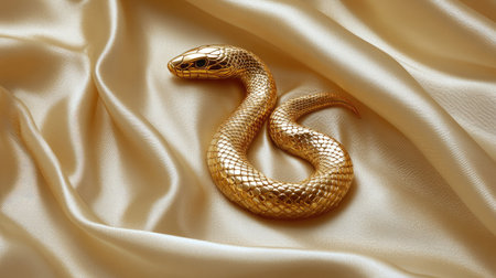 This image features an elegant golden snake gracefully positioned on smooth satin fabric, highlighting luxury and sophistication. The soft textures create a visually stunning contrast.の素材