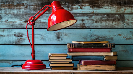 A vibrant red desk lamp illuminates a stack of vintage books on a rustic wooden table, creating a warm and inviting atmosphere perfect for study and inspiration.の素材