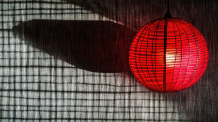 A vibrant red lantern hanging against a textured background, casting dramatic shadows. This image evokes warmth and artistic aesthetic perfect for interior design projects.の素材