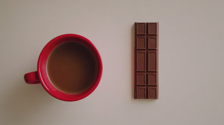 A warm cup of coffee next to a smooth chocolate bar evokes indulgence and comfort, perfect for a light snack or a cozy break during the day.の素材