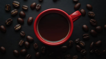 A vibrant red mug filled with rich dark coffee sits atop a black background, surrounded by various coffee beans, creating a warm and inviting atmosphere.の素材
