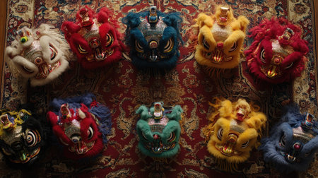 A vibrant display of traditional lion dance masks in various colors arranged on a decorative rug. Each mask showcases intricate design and cultural significance, perfect for any celebration or performance.の素材