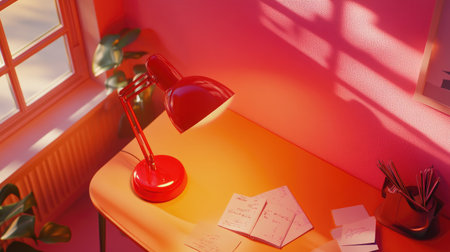 A cozy workspace featuring a red desk lamp casting warm light. The scene showcases notes and a minimalistic decor that inspires creativity in a relaxing environment.の素材