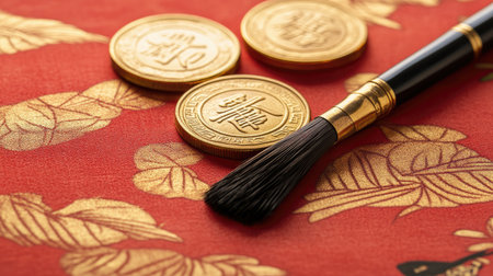 Close-up view of decorative gold coins and a traditional brush on a vibrant red background. The elegant leaf patterns enhance the artistic and cultural significance of this composition.の素材
