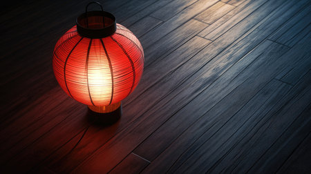 A striking red paper lantern emits a soft glow on a wooden floor, creating a cozy ambiance. The warm light and unique design enhance any interior space beautifully.の素材
