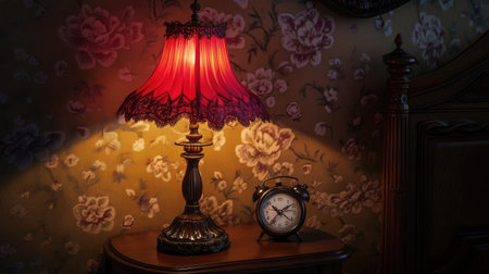 A vintage lamp with a red shade and a classic alarm clock create a cozy atmosphere in a beautifully decorated bedroom with floral wallpaper.の素材