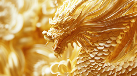 This stunning golden dragon sculpture showcases intricate details and a vivid texture, representing power and cultural significance in a beautiful artistic form.の素材