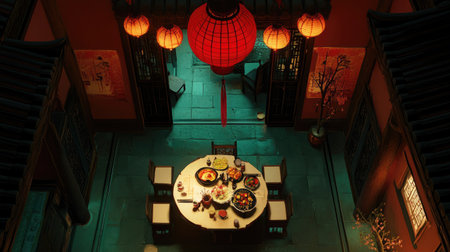 A captivating view of a traditional Chinese dining setup featuring a round table adorned with delicious dishes and vibrant red lanterns, creating a warm and inviting atmosphere.の素材