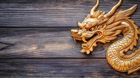 This image features an ornate wooden dragon sculpture against a rustic dark wood background, showcasing the intricate craftsmanship and mythical allure of traditional art.の素材