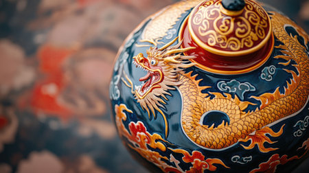 This stunning image features a beautifully crafted Asian bowl adorned with an intricate dragon design, showcasing vibrant colors and detailed craftsmanship.の素材