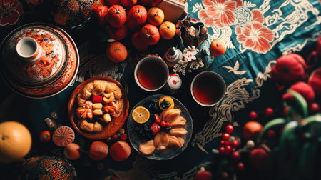 A beautifully arranged table showcases colorful fruits, tea, and pastries, creating an inviting atmosphere for gatherings. Perfect for celebrations and lifestyle content.の素材
