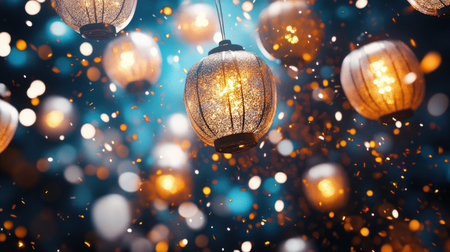 A mesmerizing scene of ethereal lanterns illuminating soft light amidst floating particles, creating a festive ambiance perfect for celebrations and events.の素材