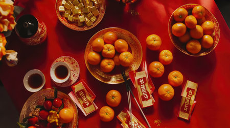 A vibrant and inviting flat lay of a festive table setting featuring fresh oranges and an assortment of sweets, perfect for celebrations and cultural gatherings.の素材