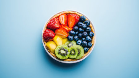 A vibrant fruit tart featuring strawberries, blueberries, kiwifruit, and mango. This appetizing dessert is perfect for a sweet snack or special occasion.の素材