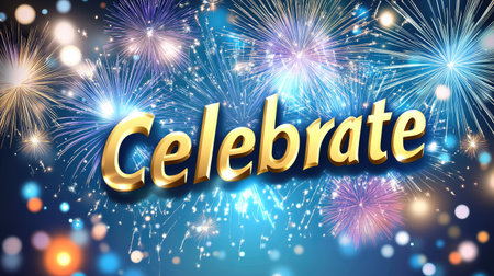 A vibrant and colorful design featuring fireworks and the word "Celebrate," perfect for festive occasions, invitations, or promotional materials.の素材