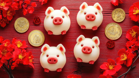Adorable pig figurines are surrounded by vibrant red flowers and shiny gold coins, creating a festive atmosphere perfect for celebrating traditions or holidays.の素材
