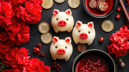 A vibrant arrangement featuring pig-shaped treats surrounded by red flowers and coins, symbolizing good fortune for festive celebrations and joyful occasions.の素材