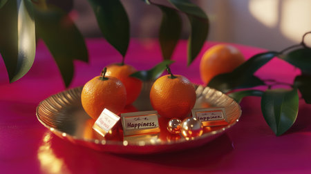 A stunning arrangement featuring bright oranges next to happiness treats on a golden plate, set against a vibrant backdrop, exuding joy and elegance.の素材