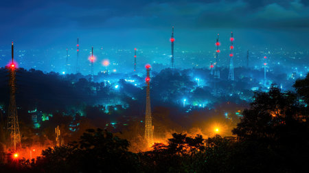 A captivating nighttime cityscape featuring communication towers illuminated by bright lights. The misty atmosphere complements the vibrant urban skyline, creating a serene yet dynamic view.の素材