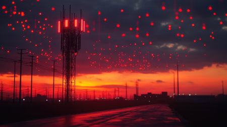 A striking image of a red wireless tower illuminated against a vivid sunset, showcasing a blend of modern technology and serene nature in a rural setting.の素材