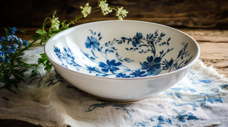 A beautiful ceramic bowl featuring an intricate blue floral design, elegantly placed on a rustic wooden tabletop. Perfect for home decor or dining settings.の素材