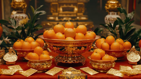 A stunning display of vibrant oranges arranged in ornate golden bowls, symbolizing prosperity and abundance during festive celebrations and rituals.の素材