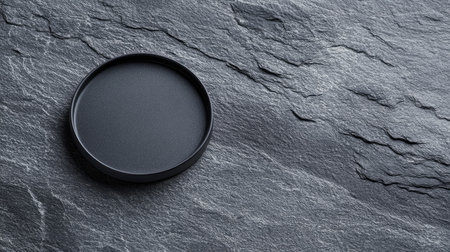 A sleek black round tray rests elegantly on a dark stone surface, ideal for showcasing modern design elements in interior decor and photography.の素材