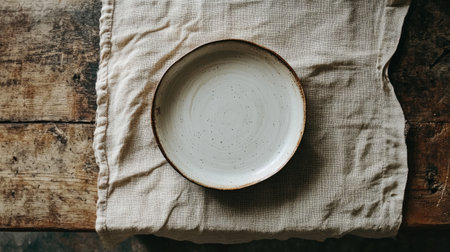 An elegant ceramic plate rests on a linen cloth over a rustic wooden table, showcasing a simple yet charming aesthetic perfect for various dining setups.の素材