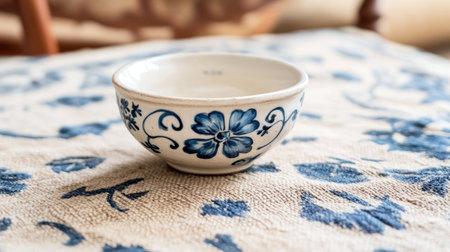 A charming white bowl adorned with a blue floral pattern rests elegantly on a beautifully detailed tablecloth, reflecting artistry and sophistication.の素材