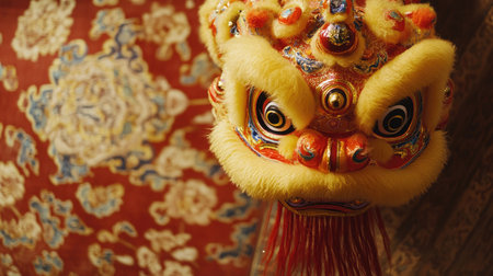 Bright yellow lion dance head showcases intricate craftsmanship and vibrant colors, perfect for representing cultural artistry and festive spirit during celebrations.の素材