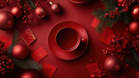 This vibrant red scene features a tea cup surrounded by festive ornaments and decorations, perfect for holiday celebrations and winter gatherings.の素材