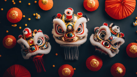 This vibrant image features three beautifully crafted lion dance masks surrounded by festive lanterns, representing rich cultural traditions and celebrations.の素材