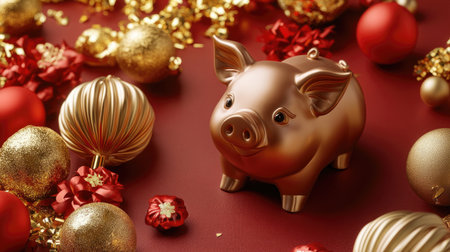 A charming golden piggy bank stands out among vibrant holiday ornaments, symbolizing prosperity and savings during the festive season.の素材