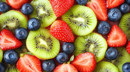 A vibrant and fresh collection of assorted fruits, showcasing strawberries, blueberries, and sliced kiwis. Perfect for healthy snacks or summer desserts.の素材