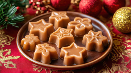 A beautiful arrangement of homemade chocolate candies shaped like stars and flowers, perfect for holiday festivities. Ideal for seasonal celebrations.の素材