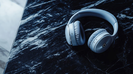 A stylish pair of gray headphones rests on a dark marble surface, showcasing modern design and exquisite craftsmanship. Perfect for music lovers.の素材