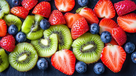 A vibrant arrangement of fresh fruit including strawberries, blueberries, and kiwi. Perfect for promoting healthy eating and summer recipes.の素材