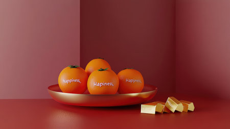 A visually appealing still life featuring fresh oranges on a plate, each inscribed with 'Happiness.' Perfect for promoting joy, wellness, and a bright lifestyle.の素材