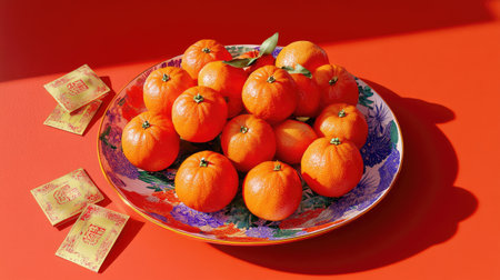 A stunning arrangement of fresh oranges on a colorful plate against a bright red background. Perfect for seasonal themes, celebrations, and healthy lifestyle promotions.の素材