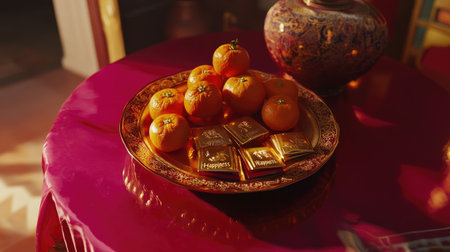 A beautiful arrangement of fresh oranges and golden chocolate on an ornate plate. The warm lighting creates an inviting atmosphere perfect for celebrations.の素材