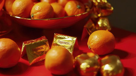 A vibrant still life featuring fresh oranges and gold foil-wrapped treats, symbolizing happiness and joy. Perfect for celebrating freshness and delight.の素材