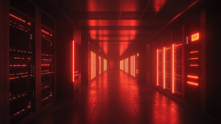 A stunning view inside a futuristic data center corridor illuminated by vibrant red neon lights, showcasing advanced technology and digital infrastructure.の素材