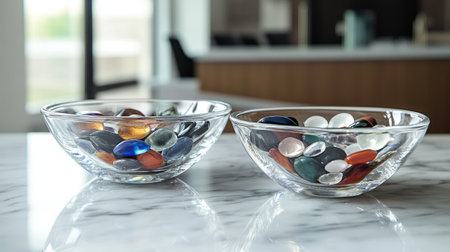 Clear bowls filled with colorful glass stones showcase an elegant arrangement on a marble surface, enhancing modern interior spaces with a tranquil touch.の素材